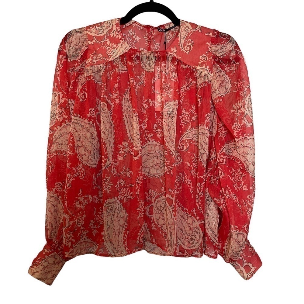 ZARA NWT Sheer Paisley Print Boho Peasant Style Wide Sleeve Button Cuff Crop Top
